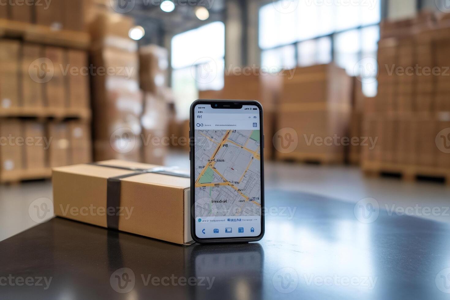Smartphone showing gps location tracking app in warehouse with package ready for delivery photo