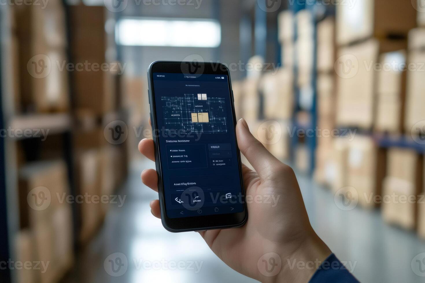 Warehouse worker using smartphone app managing logistics and checking stock levels photo
