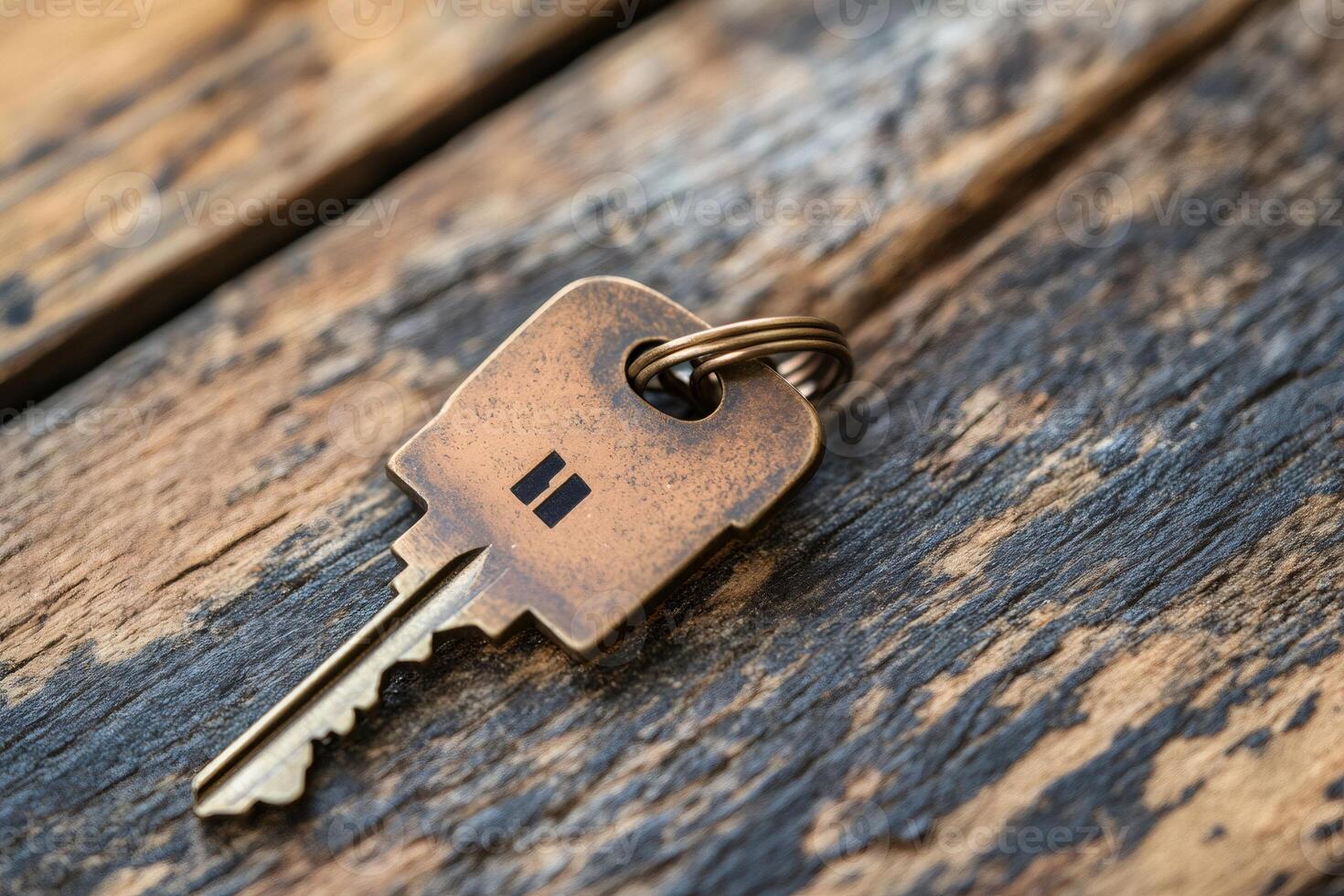 Old key with house symbol is lying on wooden planks photo