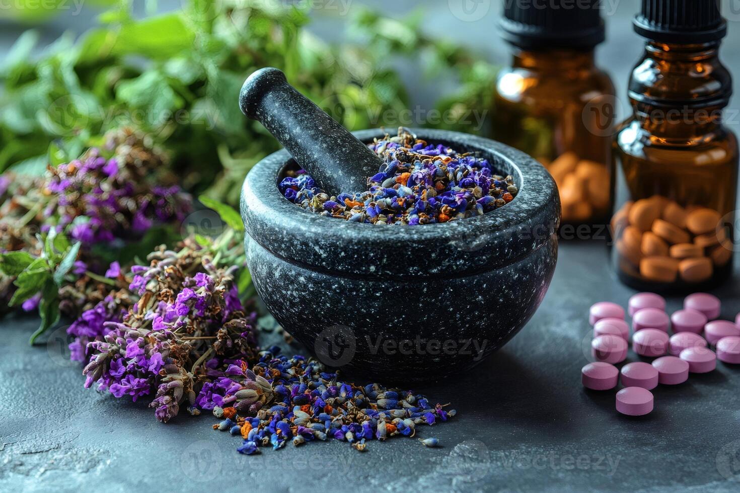 Mortar and pestle grinding aromatic lavender and medicinal herbs for alternative medicine remedies photo