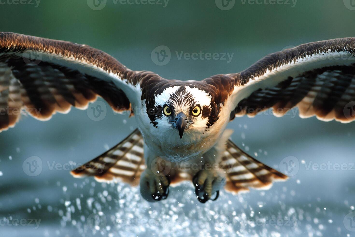 Osprey diving and catching fish in water with outstretched wings photo