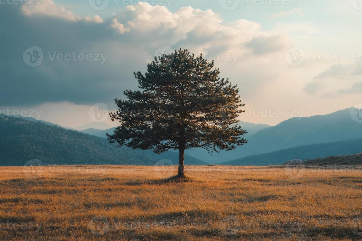 Lonely pine tree standing in a field with mountains in the background photo