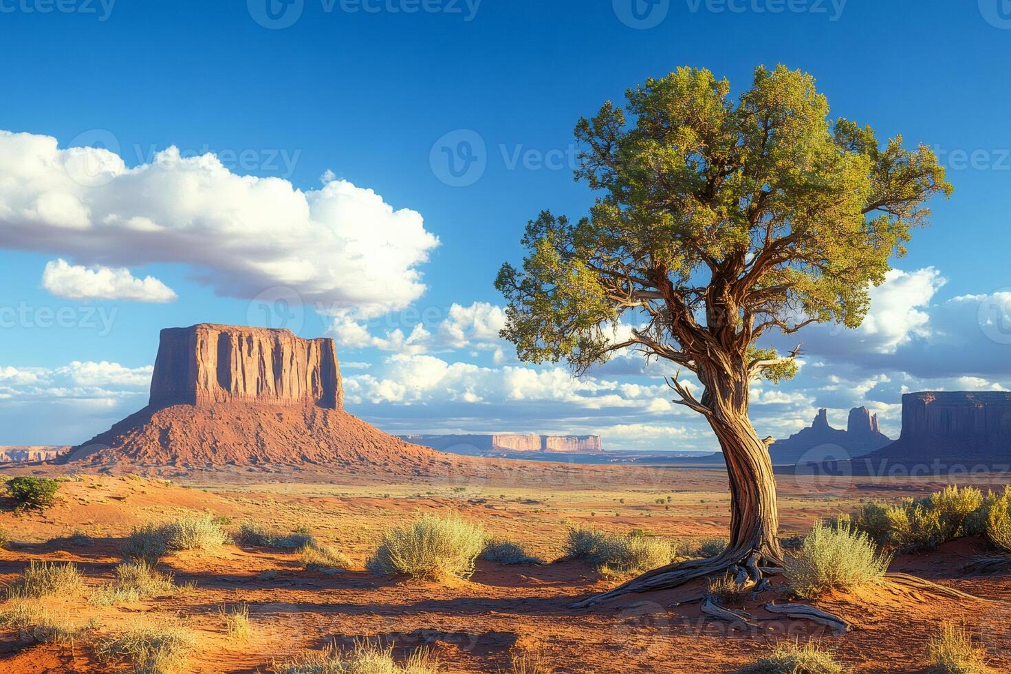 Monument Valley spanning across the horizon under a cloudy sky with a juniper tree standing tall in the foreground photo