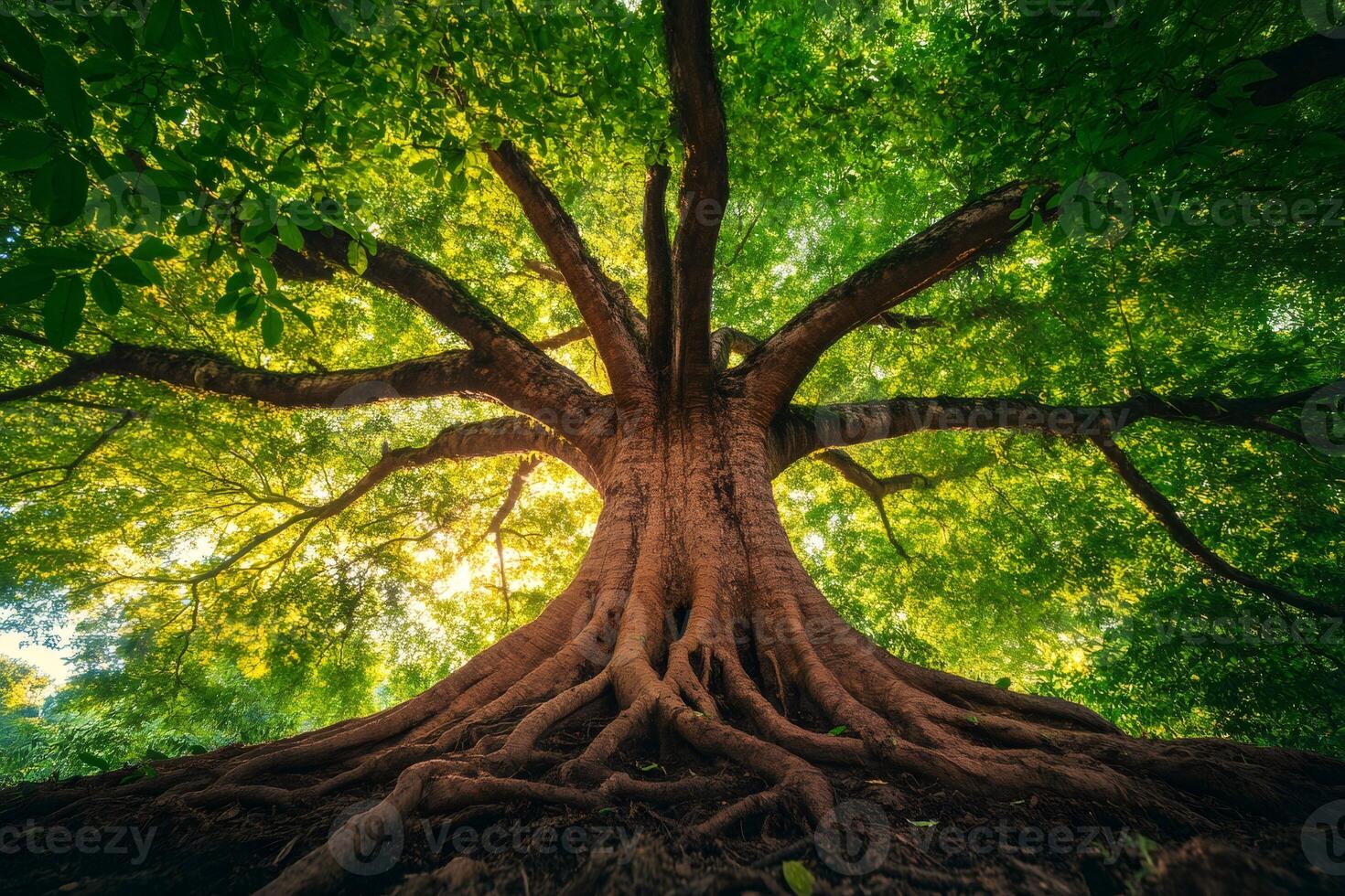 Majestic tree standing tall with exposed roots and lush green leaves photo