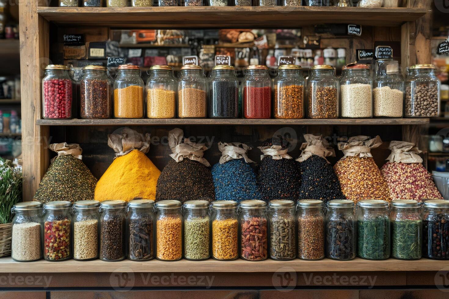Colorful spices and herbs filling glass jars and paper bags on wooden shelves in a grocery store photo