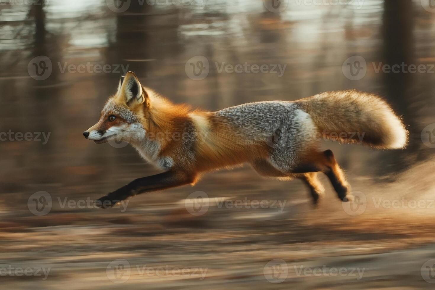 Red fox running fast in blurred motion in forest photo