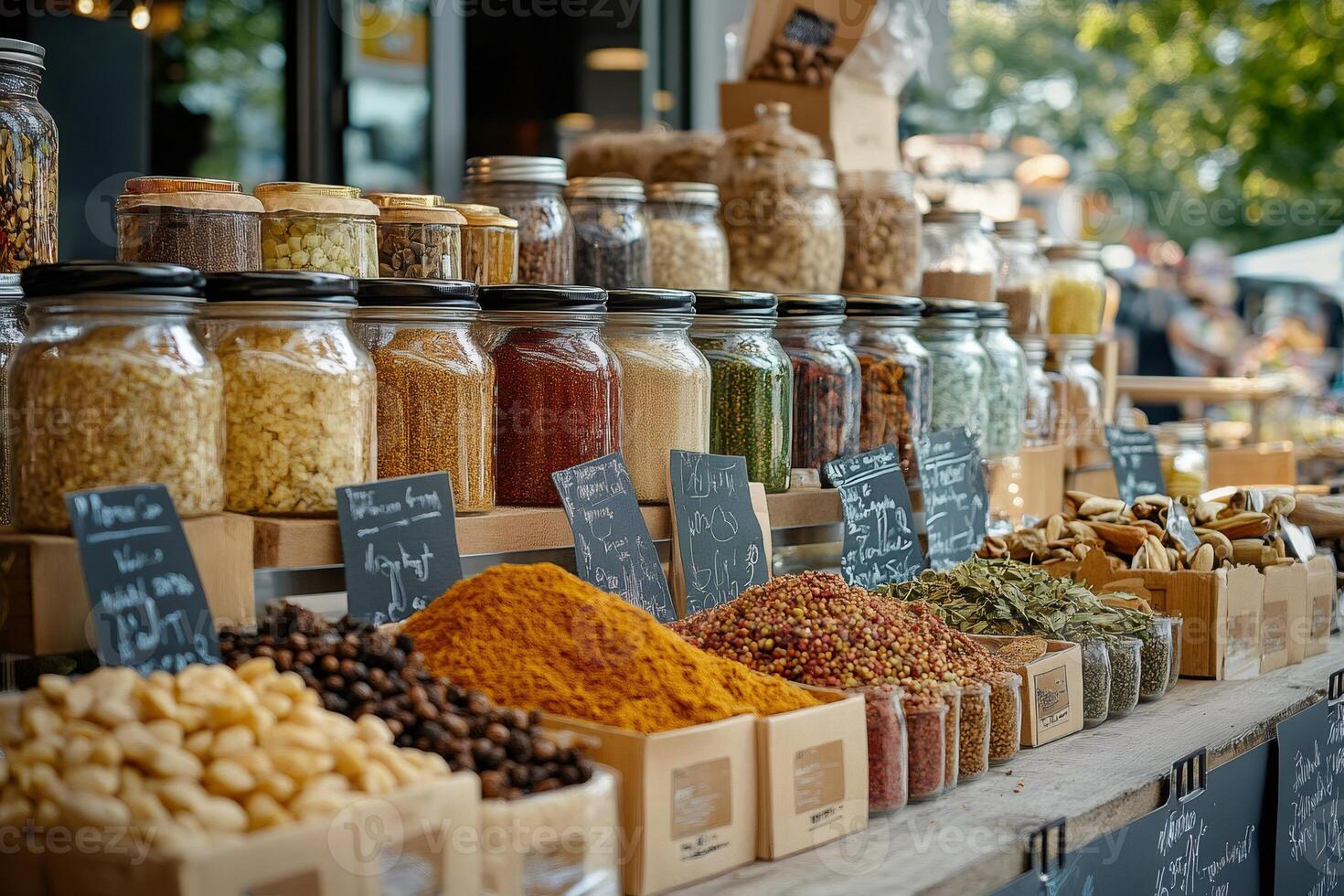 Various spices and herbs attracting customers at a farmers market stall photo
