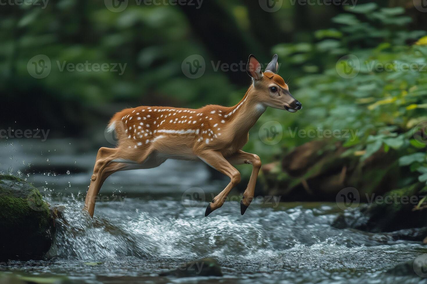 White-tailed deer fawn leaping across a stream in the forest. photo