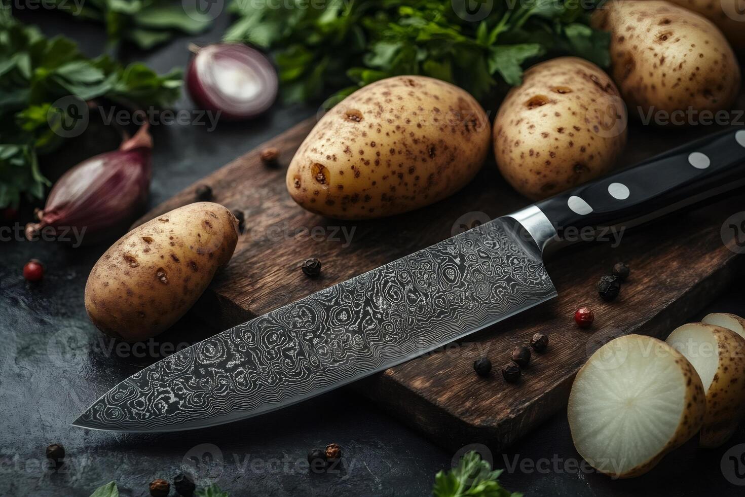Raw potatoes with damascus steel knife lying on wooden cutting board photo