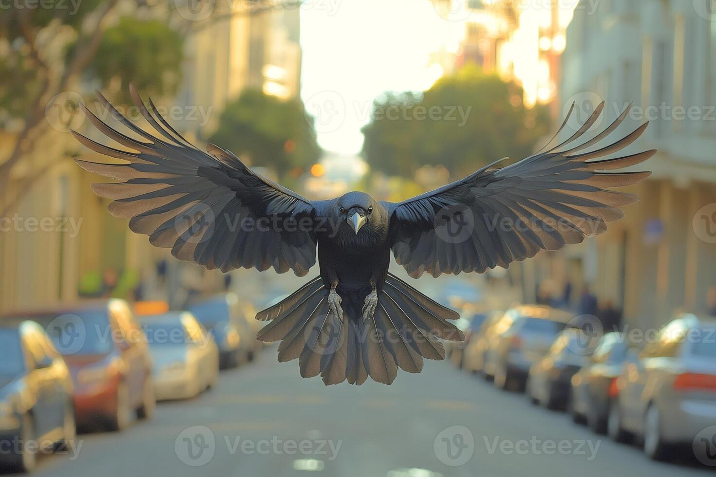 Large black crow flying over city street with spread wings photo