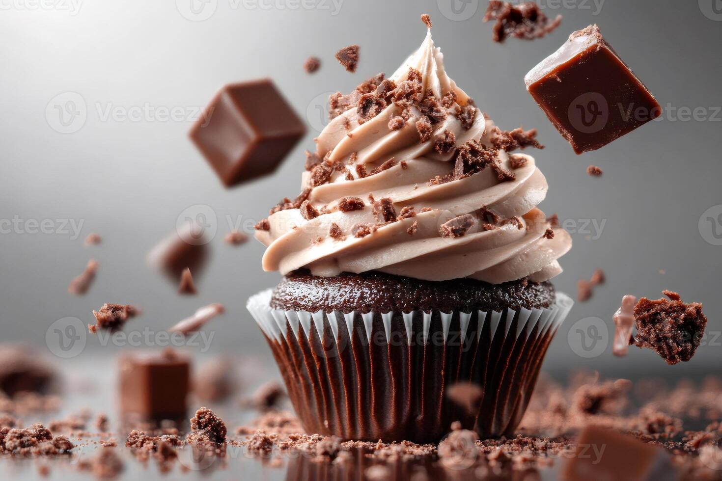 Delicious chocolate cupcake with chocolate chips and frosting exploding photo