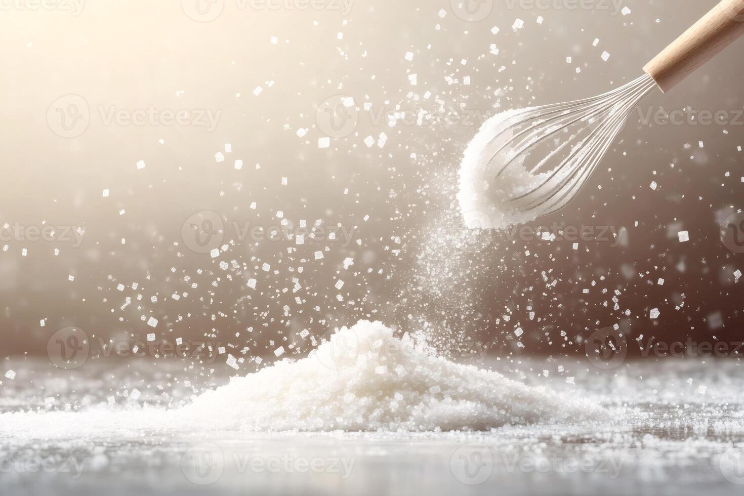 Whisk dropping sugar crystals on pile of sugar creating a splash photo