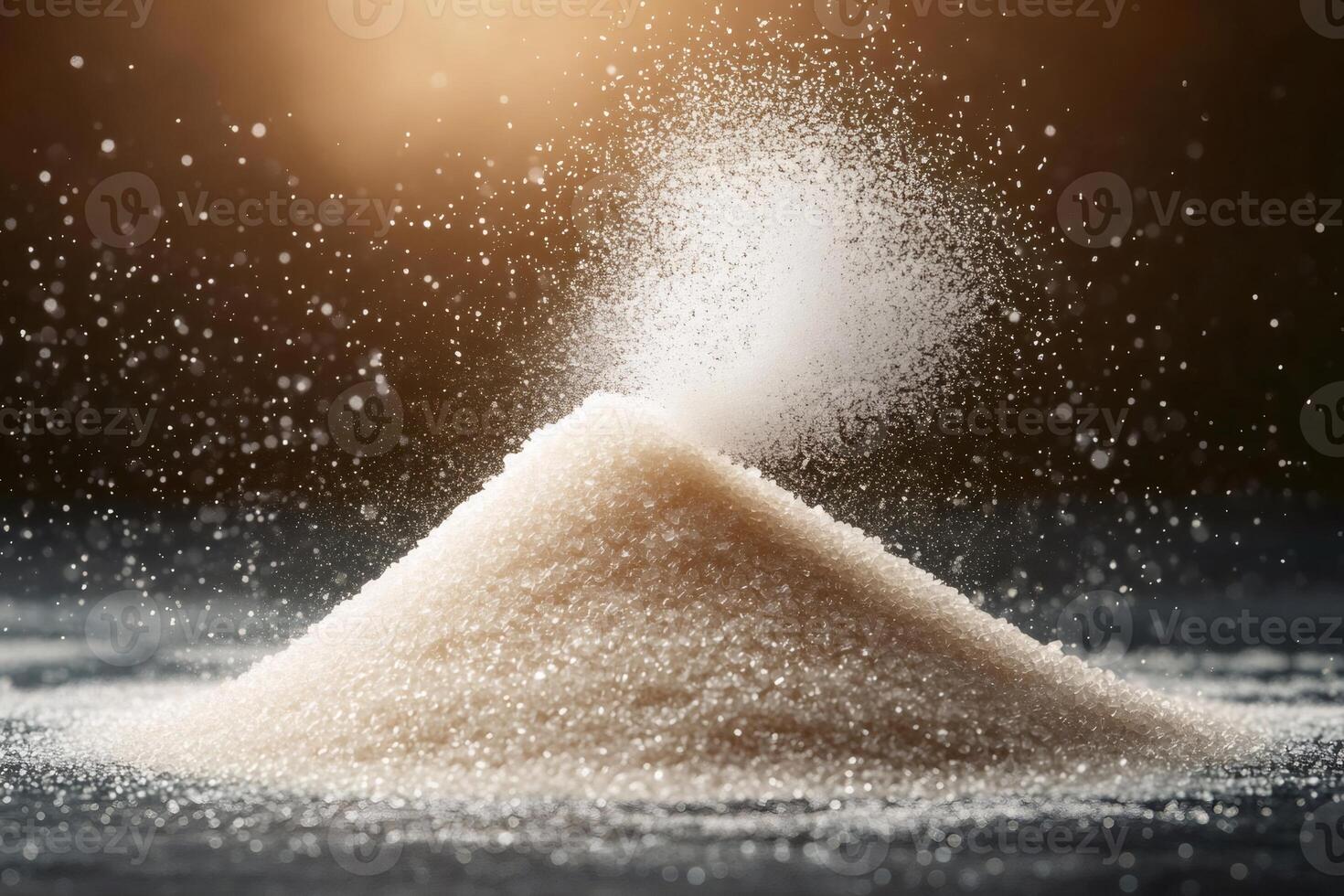 Pile of white sugar crystals falling on a dark background photo
