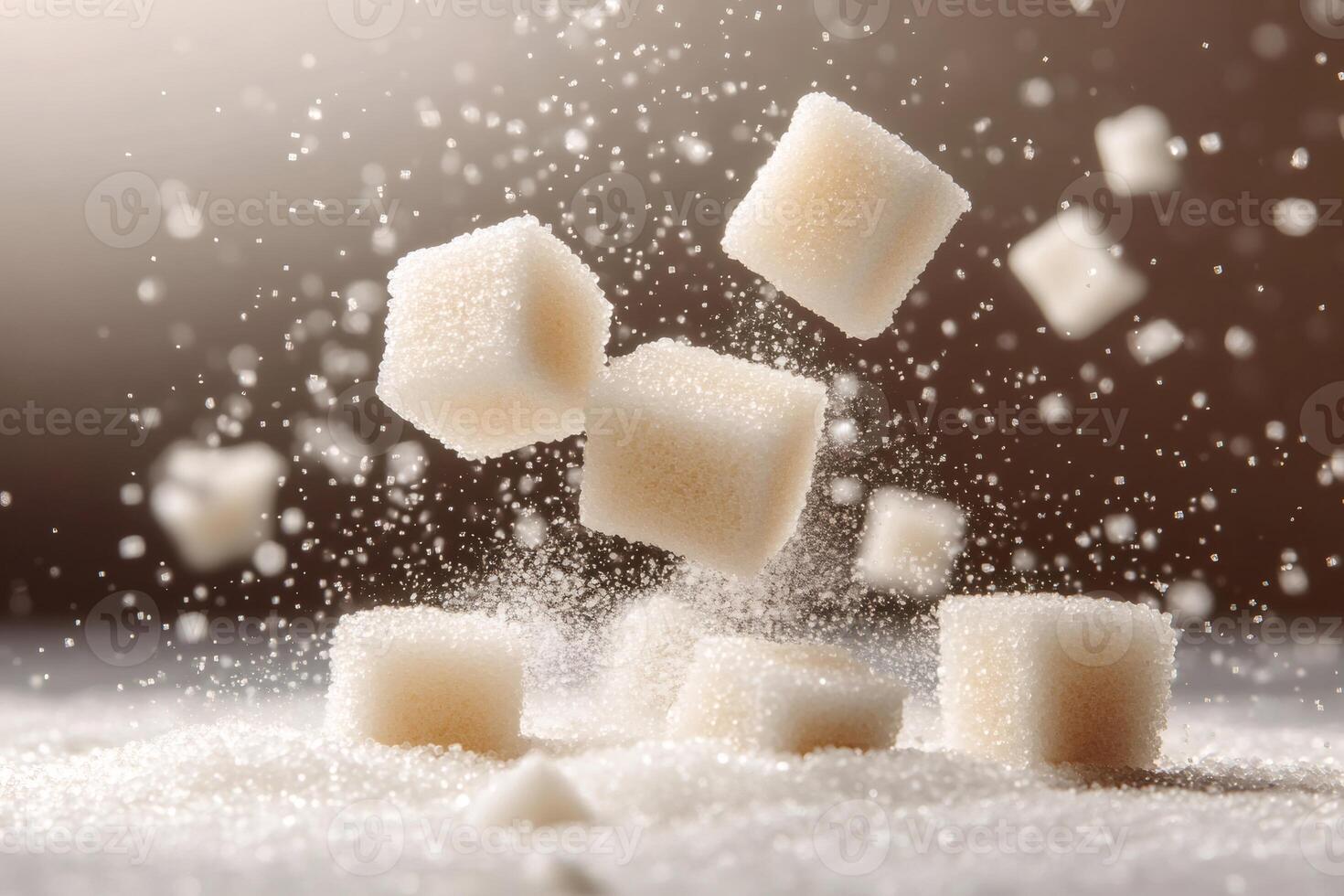 Sugar cubes falling and bouncing on granulated sugar creating a splash photo