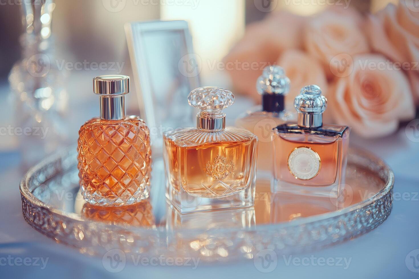 Perfume bottles sitting on a silver tray reflecting on the surface photo