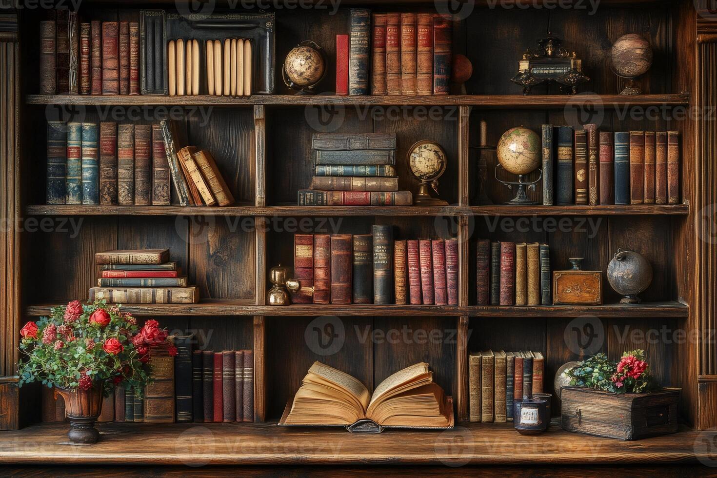 Open Book Lying on Wooden Bookshelf Filled with Antique Books and Globes photo