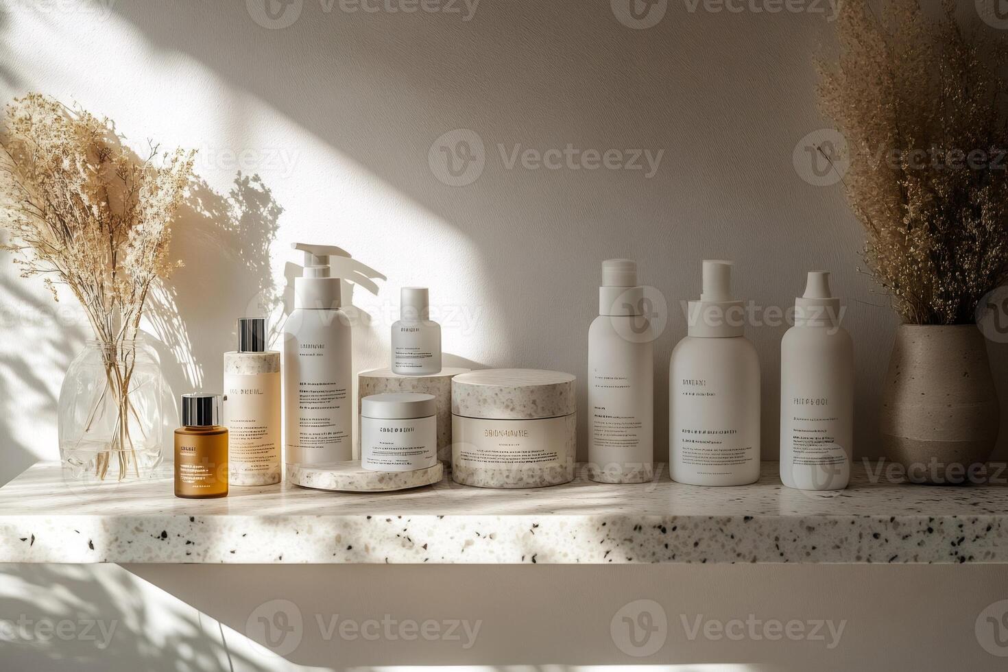 Modern cosmetic products sitting on shelf with dried flowers in sunlight photo