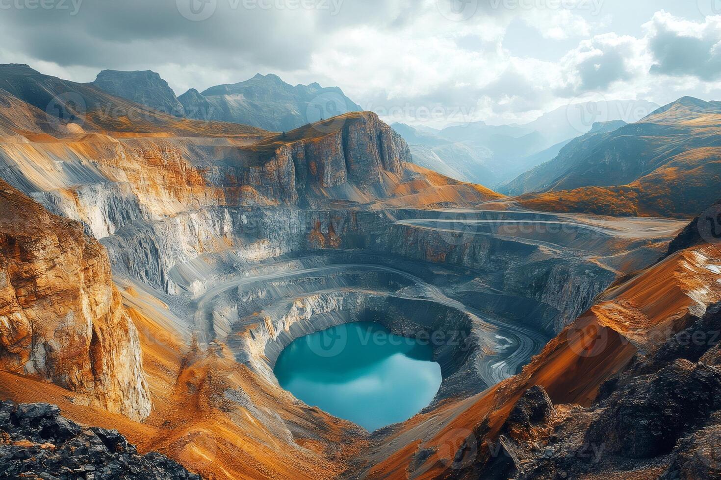 Open pit mine reflecting clouds in turquoise lake water in mountain landscape photo