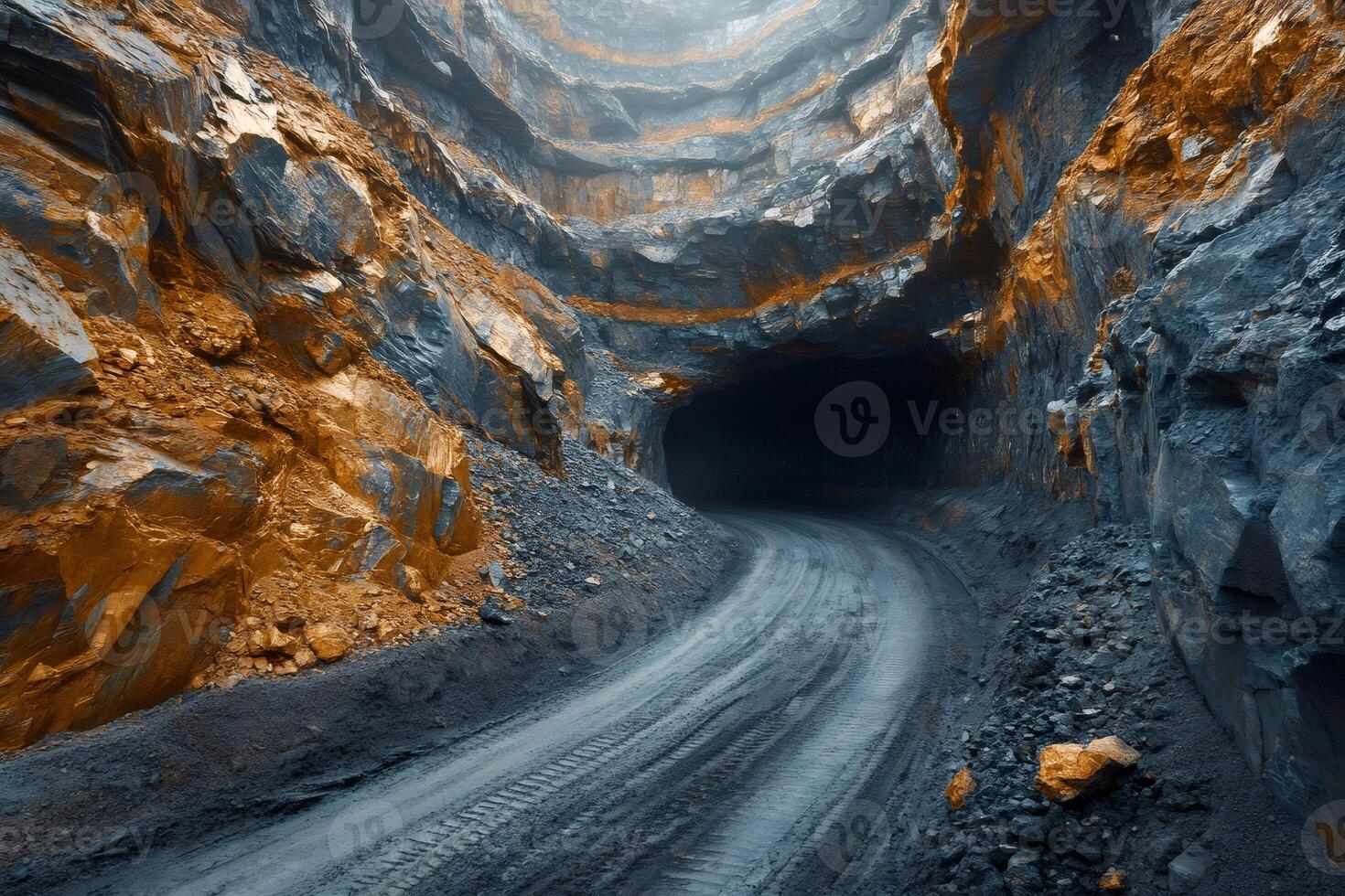 Open pit mine showing road disappearing into dark tunnel photo