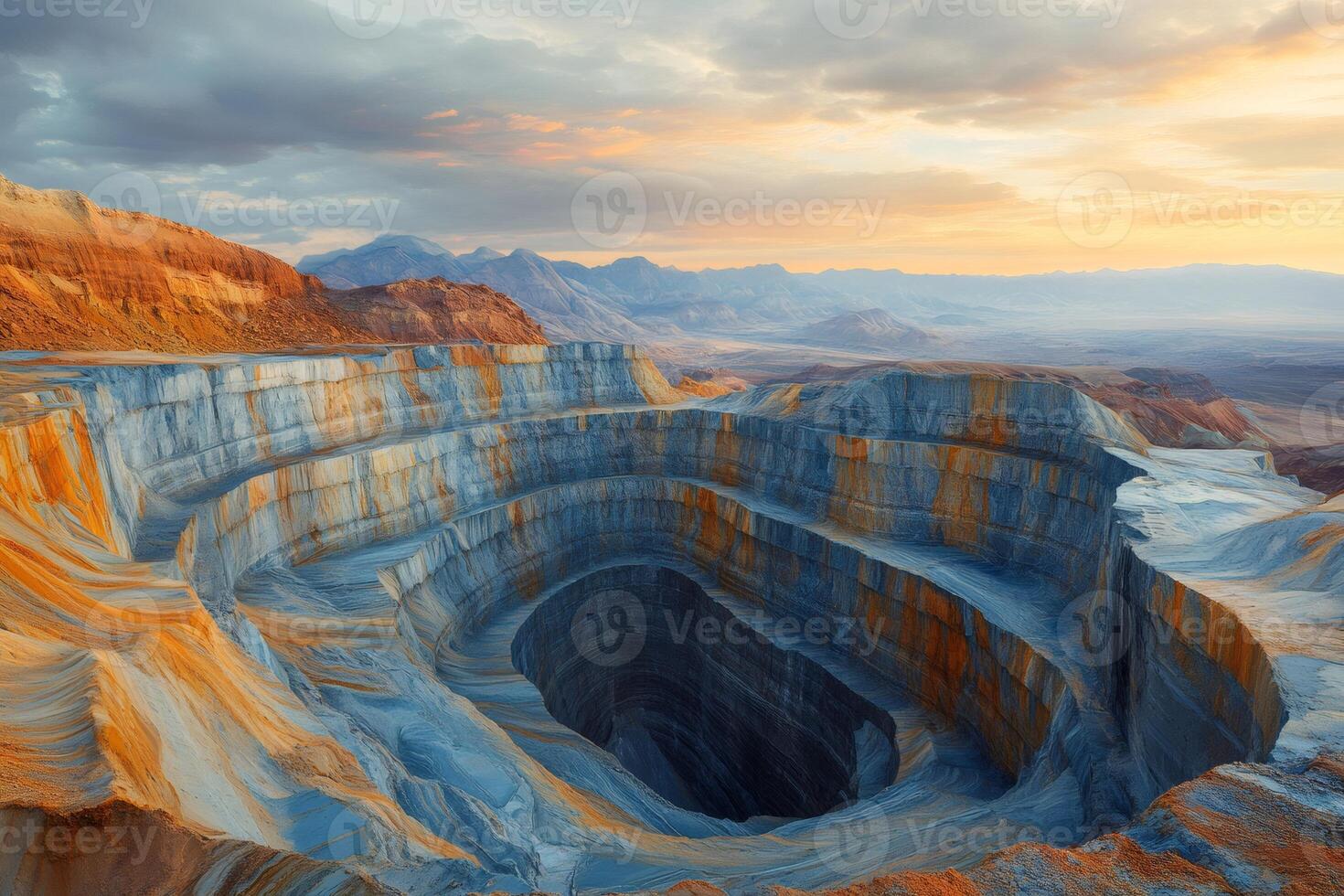 Open pit mine creating a deep colorful scar on the earth surface during sunset photo