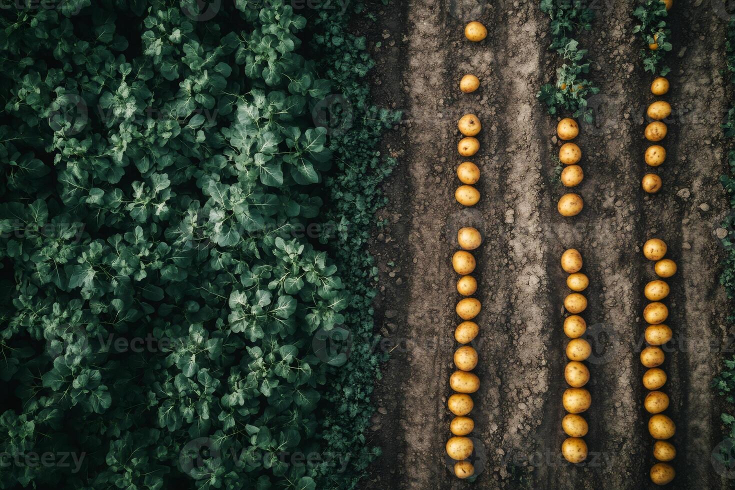 Farmer preparing rows of potatoes for planting next to green plants photo