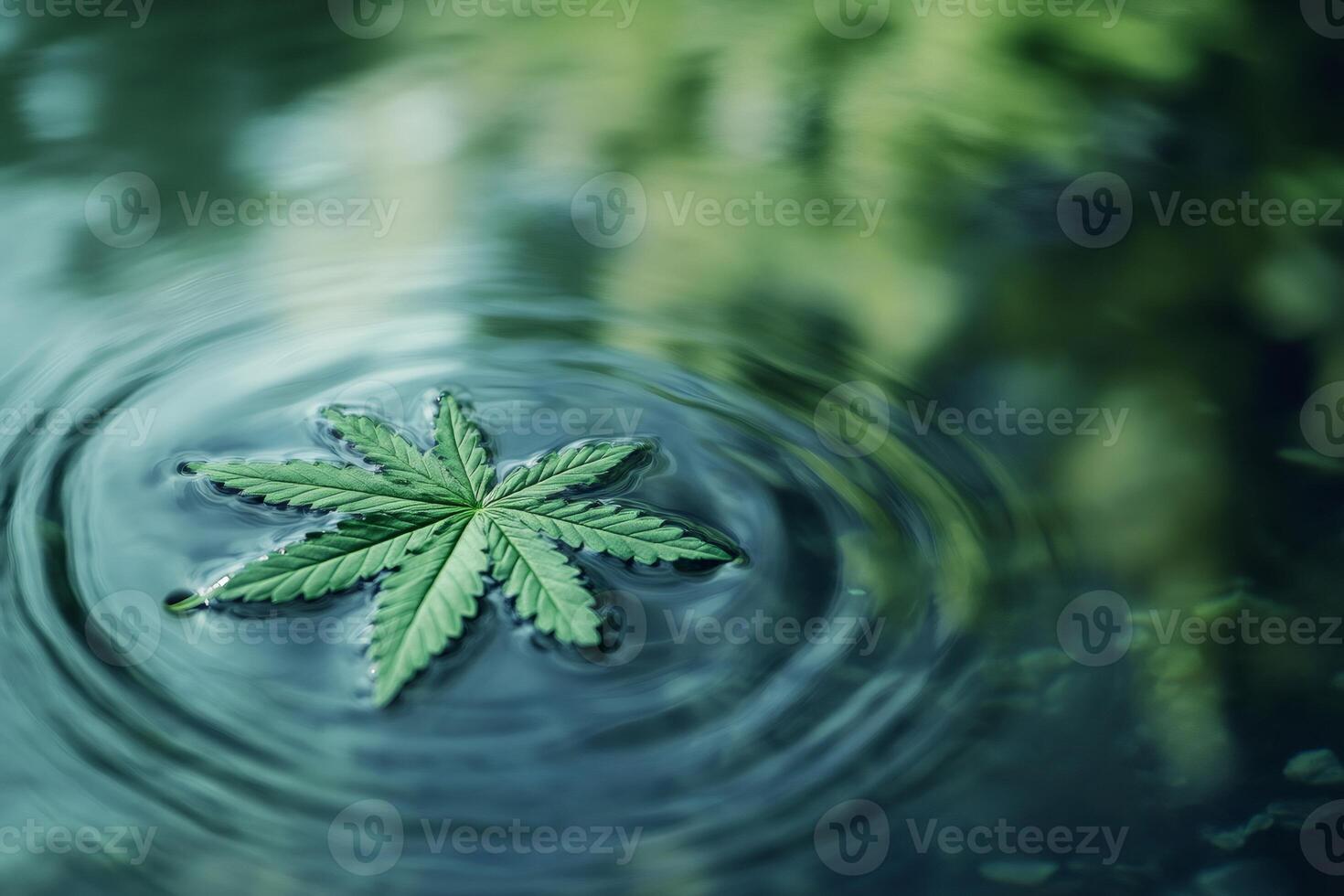 Cannabis leaf floating on water surface creating ripples. photo