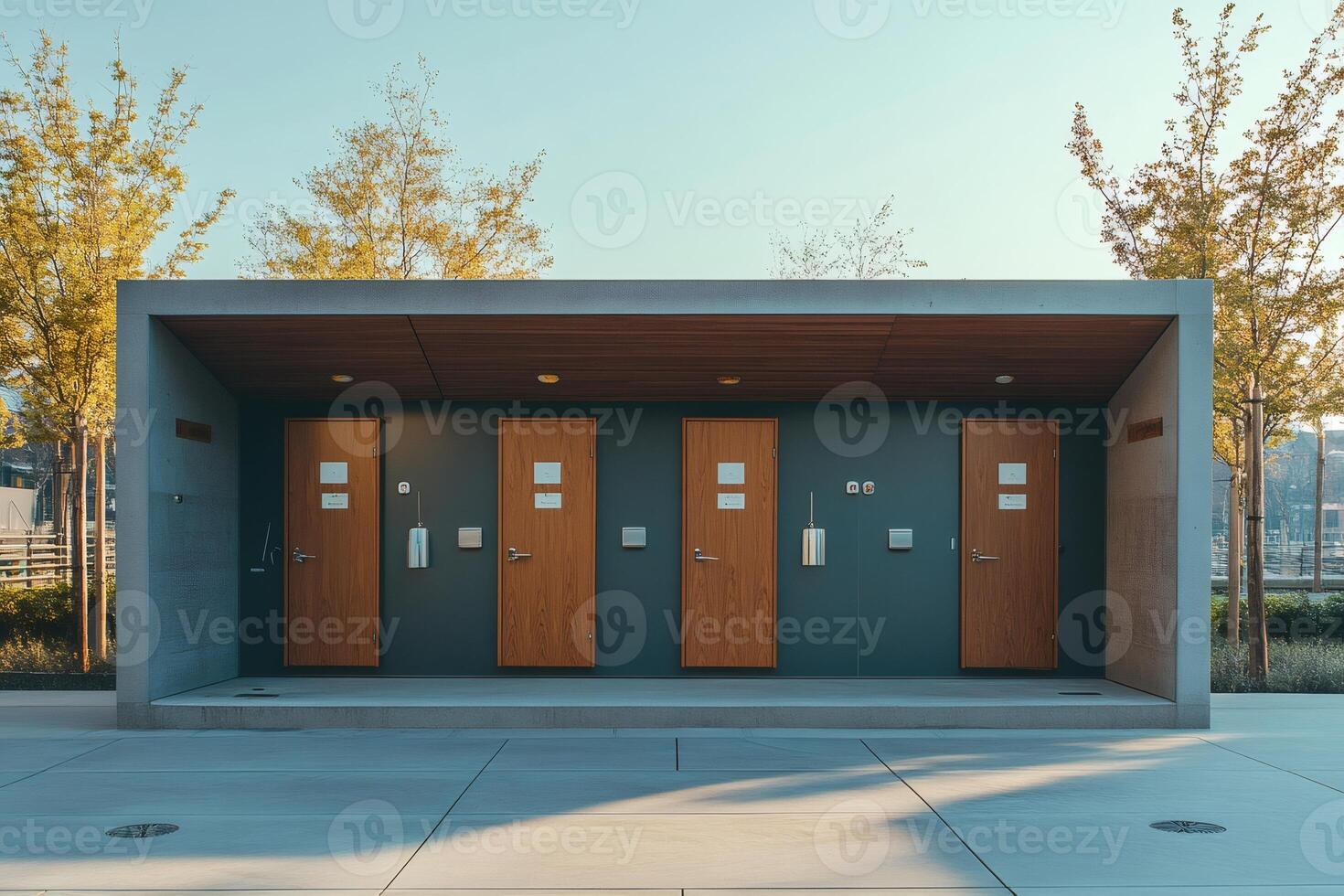 Modern public restroom building with wooden doors photo