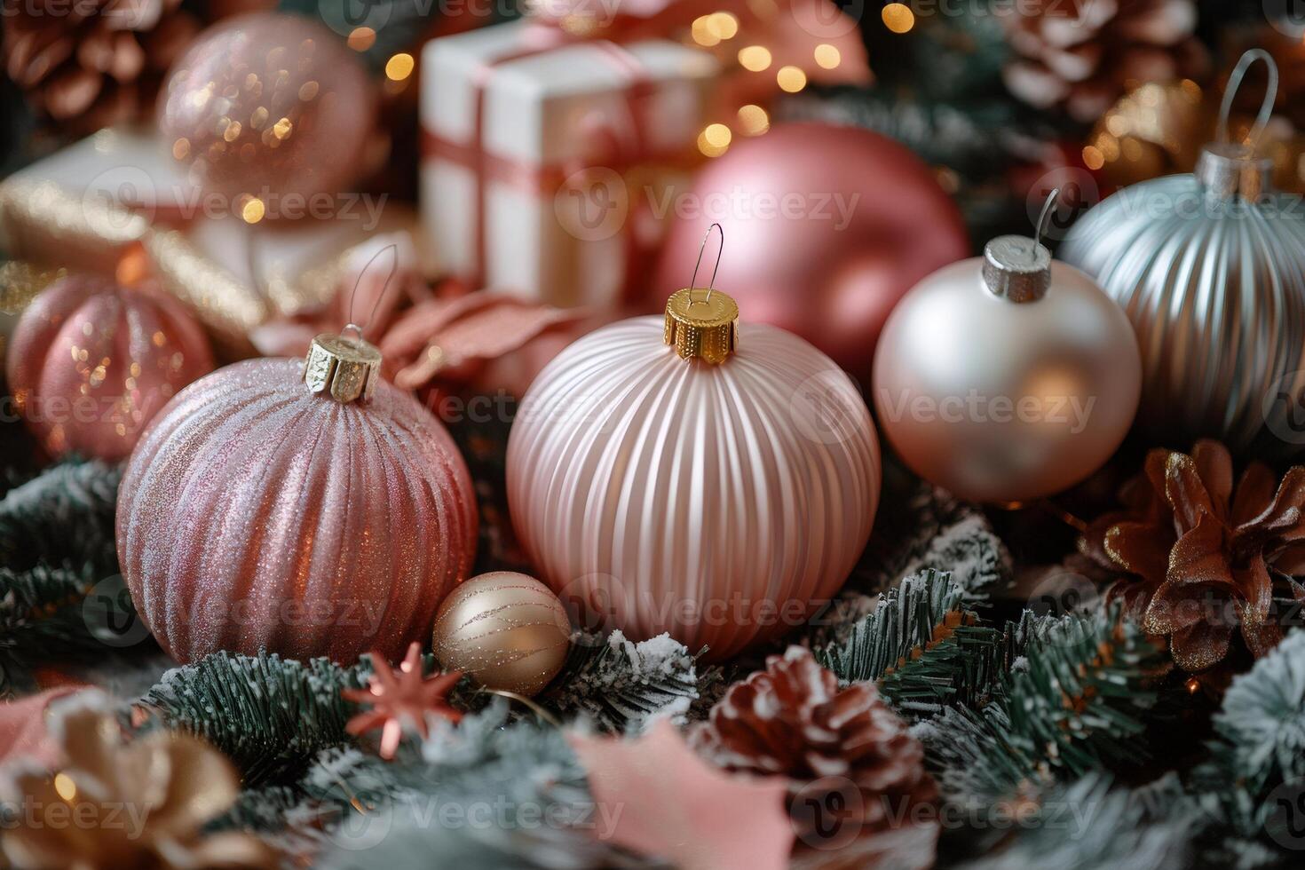 Shiny pink christmas balls resting on snowy fir branches with presents and blurred lights in the background photo