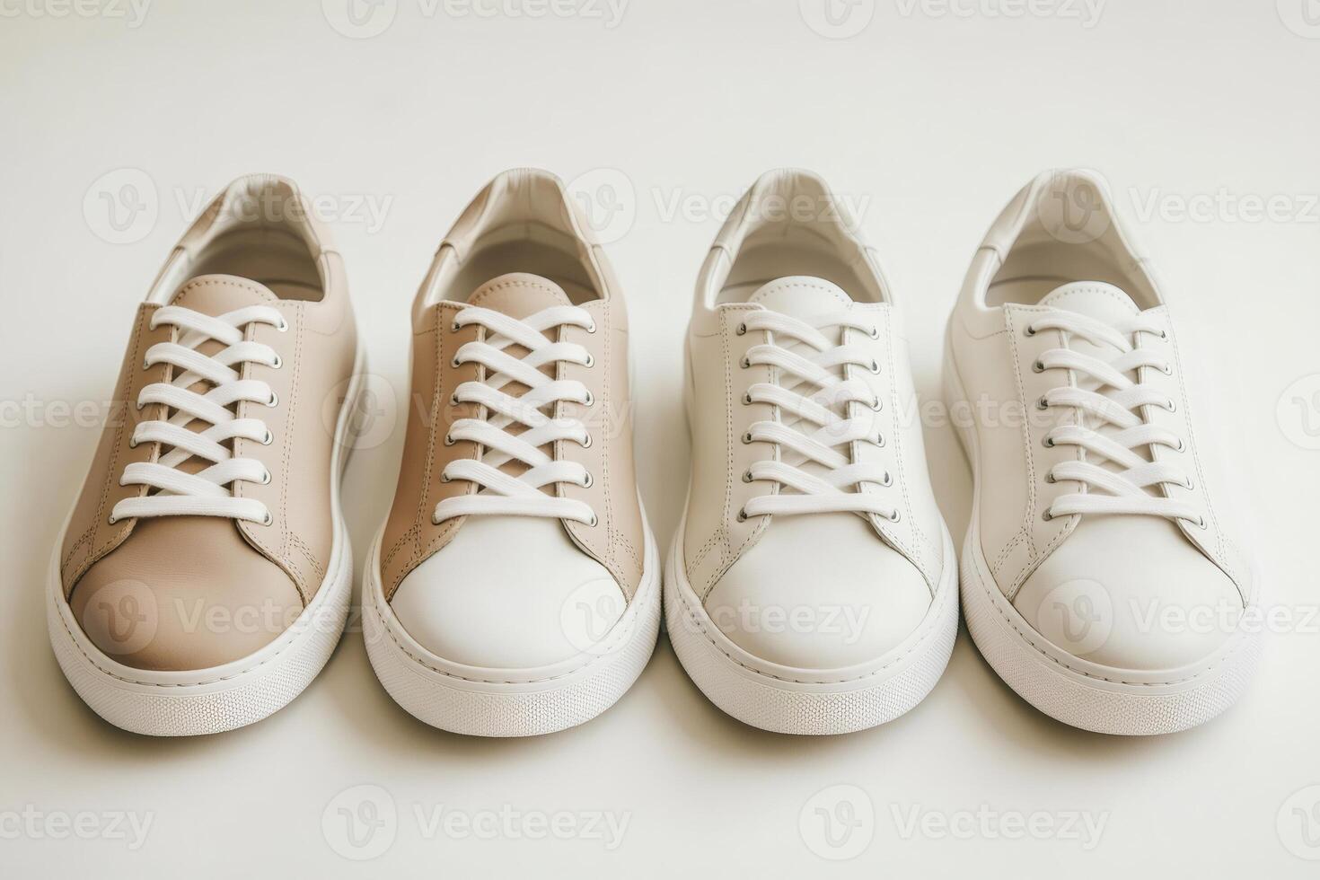 Stylish beige and white leather sneakers standing on white background photo