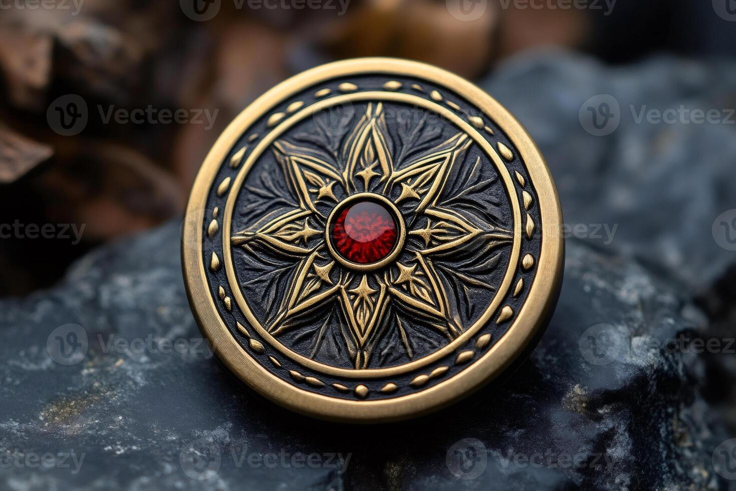 Round metal decorative object with floral pattern and red gemstone resting on dark rock photo