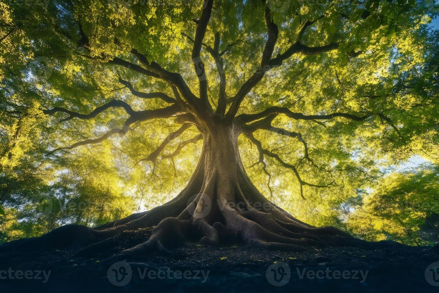 Majestic tree with large roots and lush green leaves reaching towards the sky photo