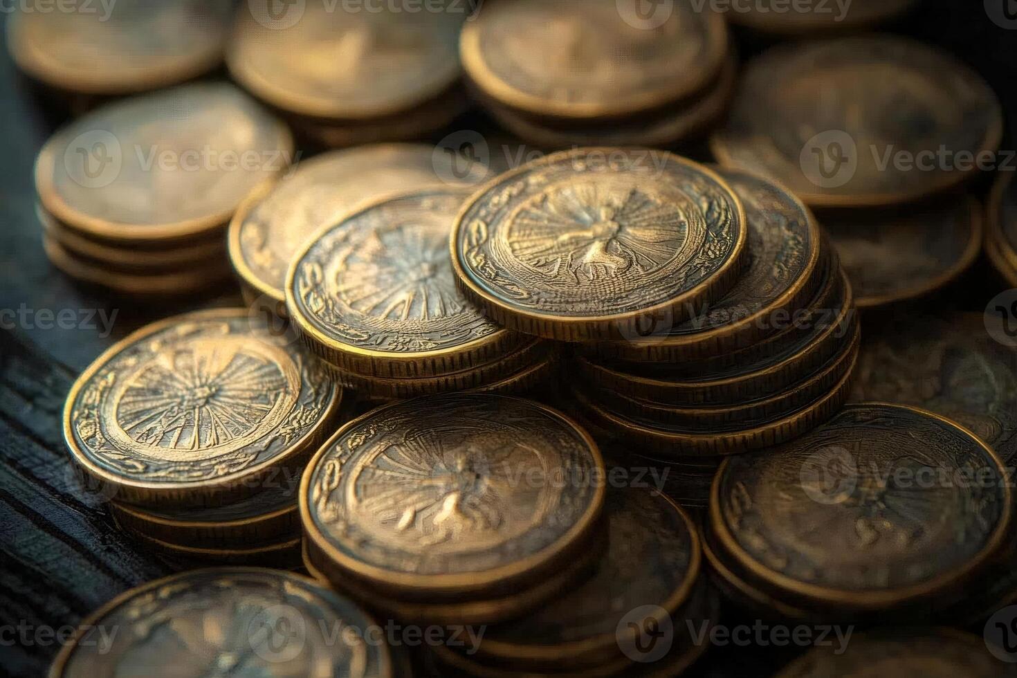 Golden coins depicting a mythical bird are stacked on a dark wooden table photo