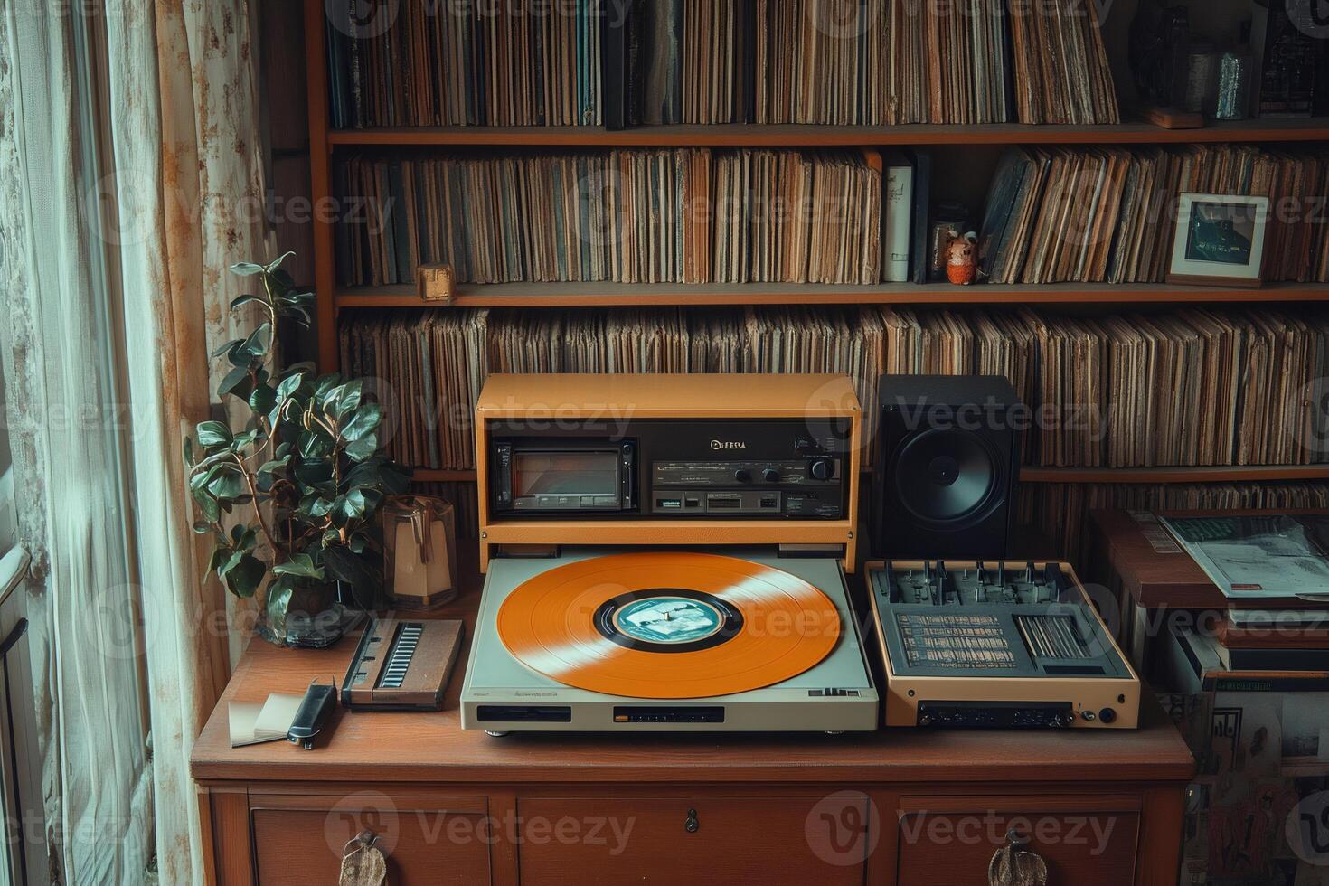 Vintage record player playing an orange vinyl in a room with a library of vinyl records photo