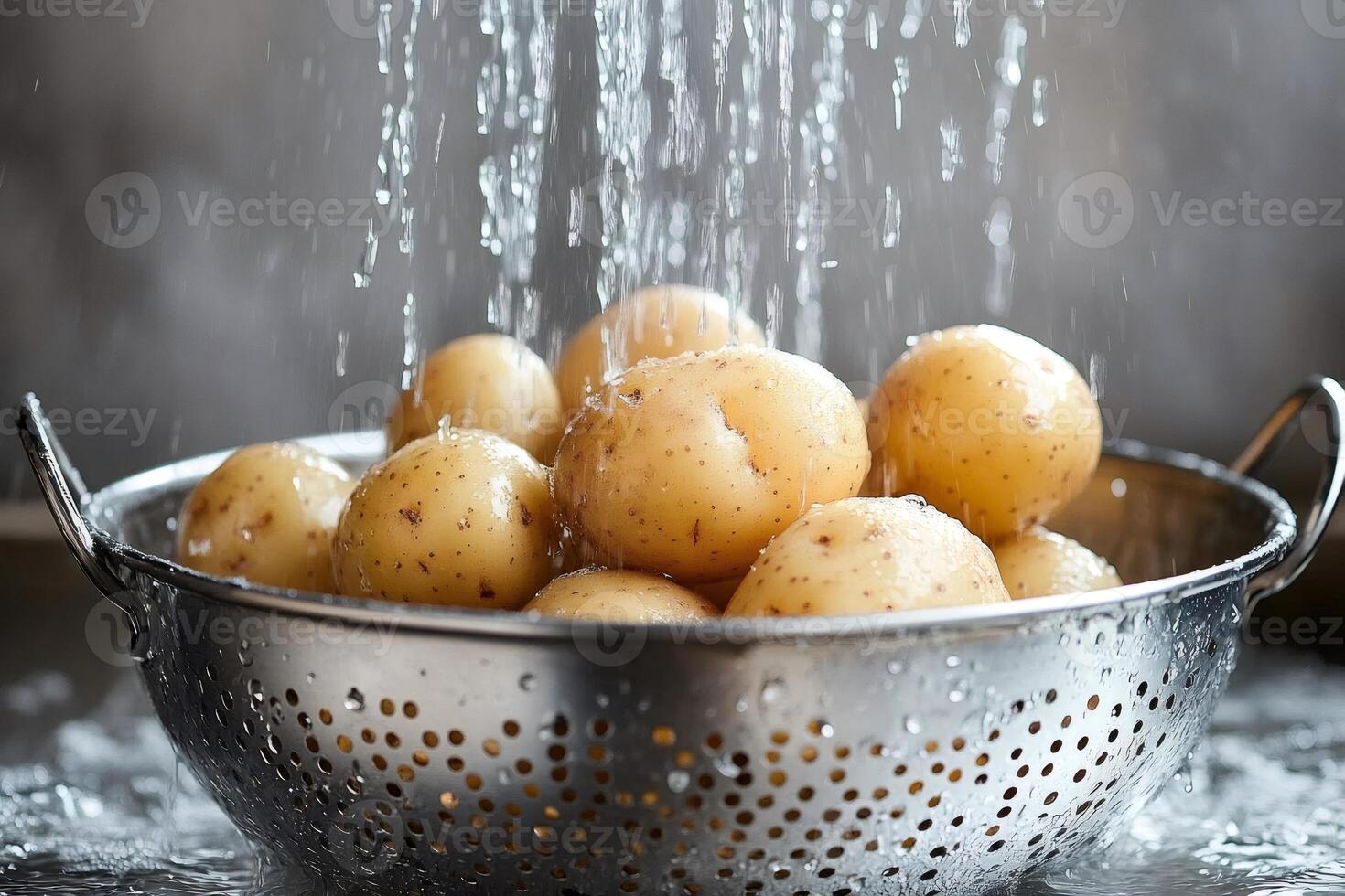 Washing fresh potatoes in a colander under running water photo