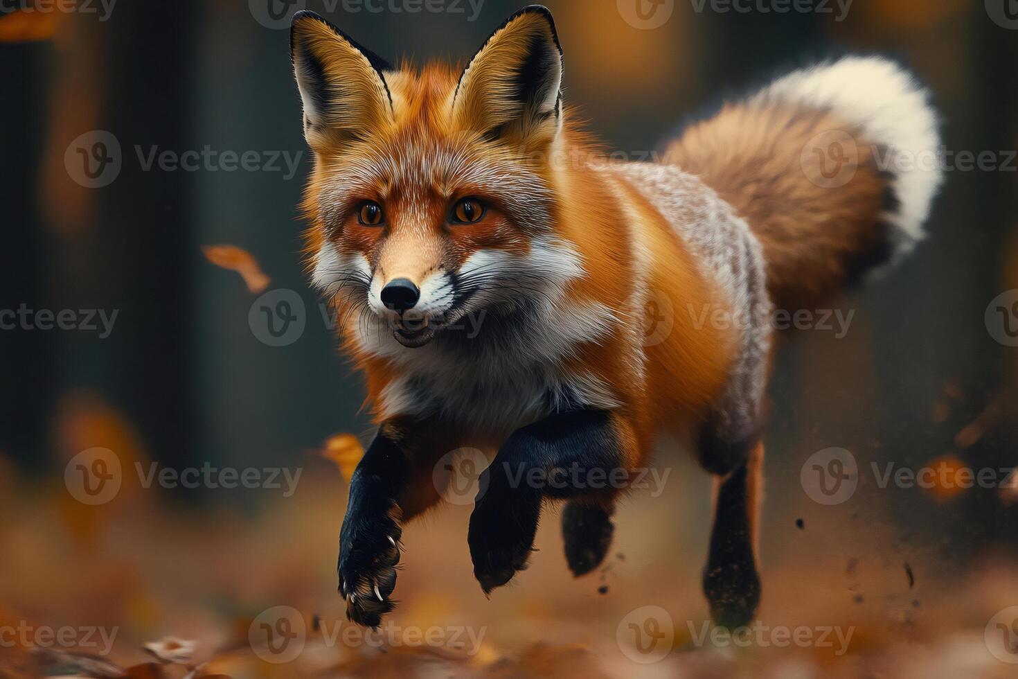 Red fox running in autumn forest wildlife in action photo