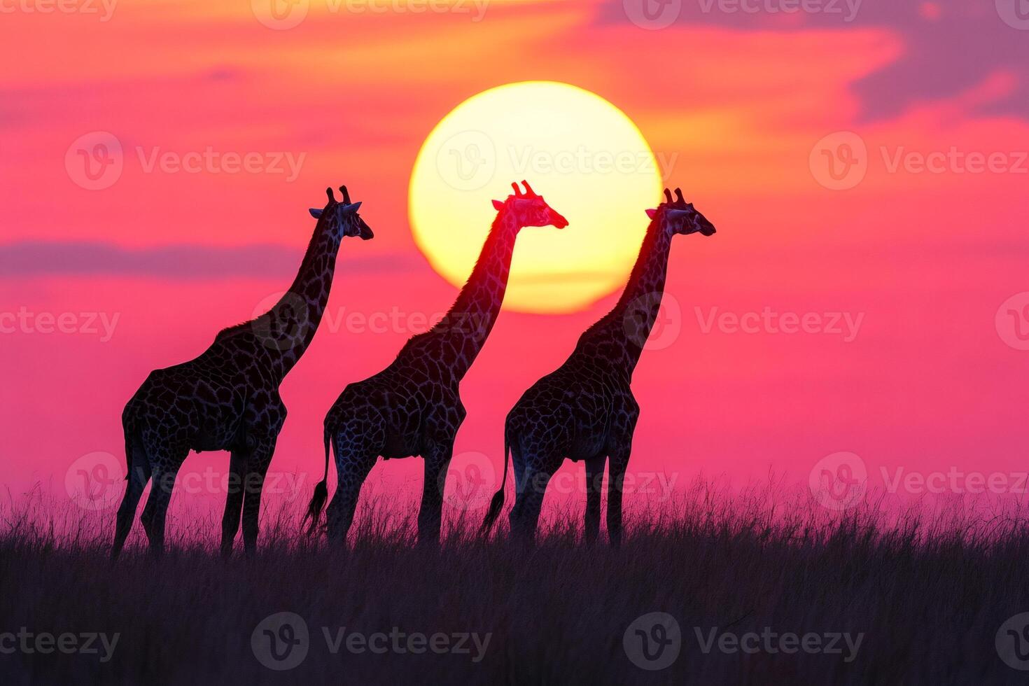 Three giraffes standing in the african savanna at sunset with pink and orange sky photo