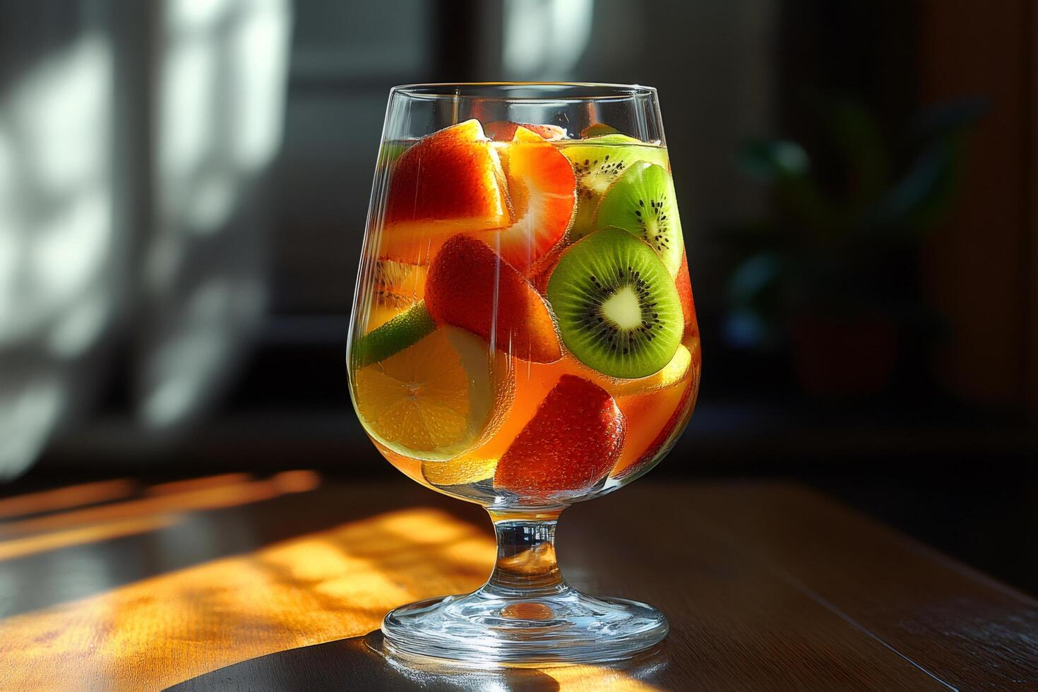 Refreshing fruit cocktail resting on wooden table illuminated by sunlight photo