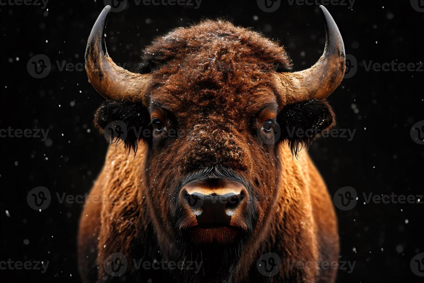 European bison posing under snowflakes falling on a black background photo