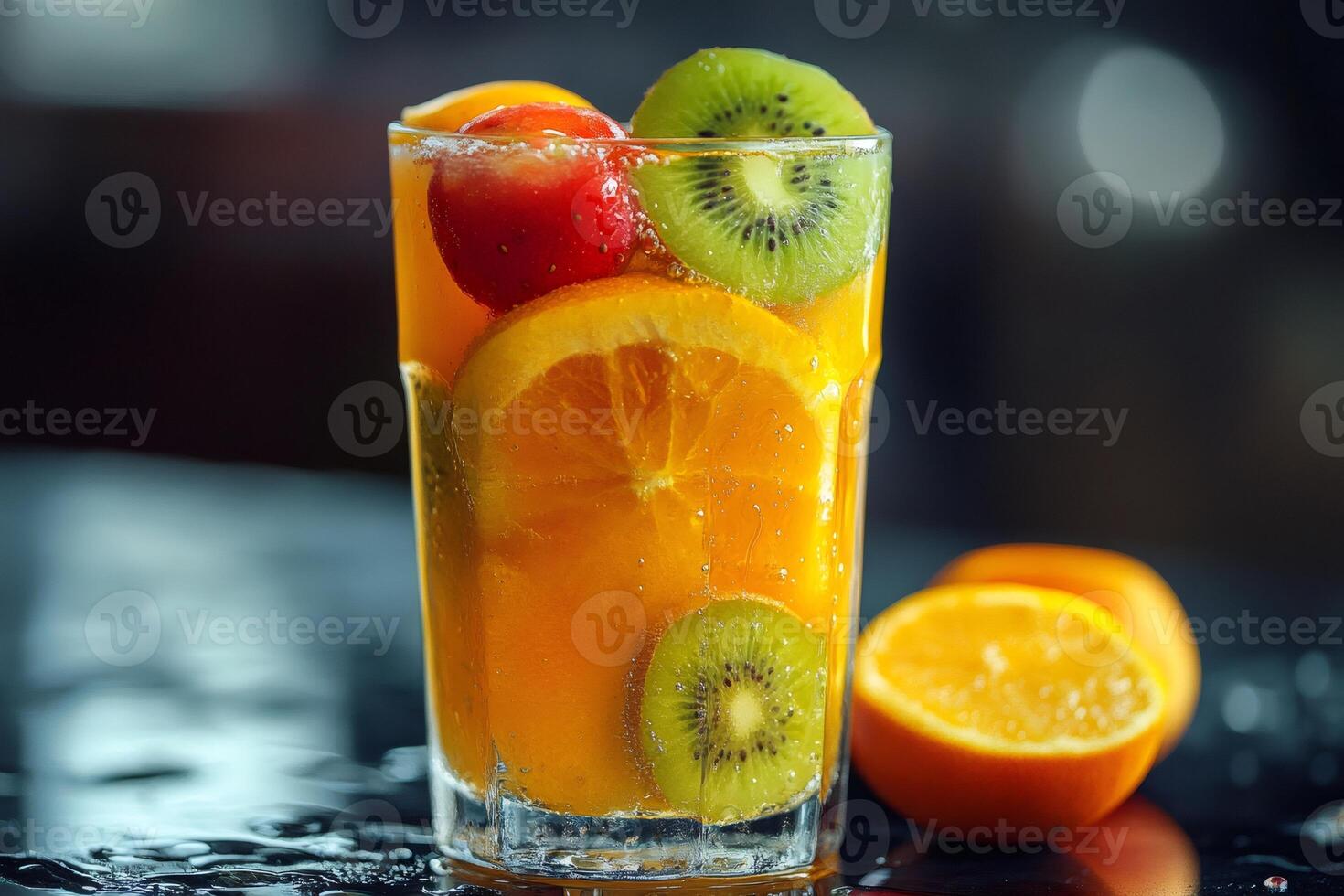Refreshing orange juice with kiwi and strawberry slices in a glass photo