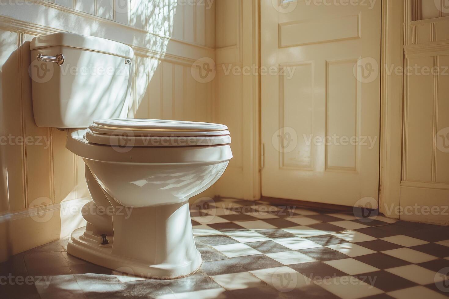 White toilet bowl in a vintage bathroom with checkered floor photo