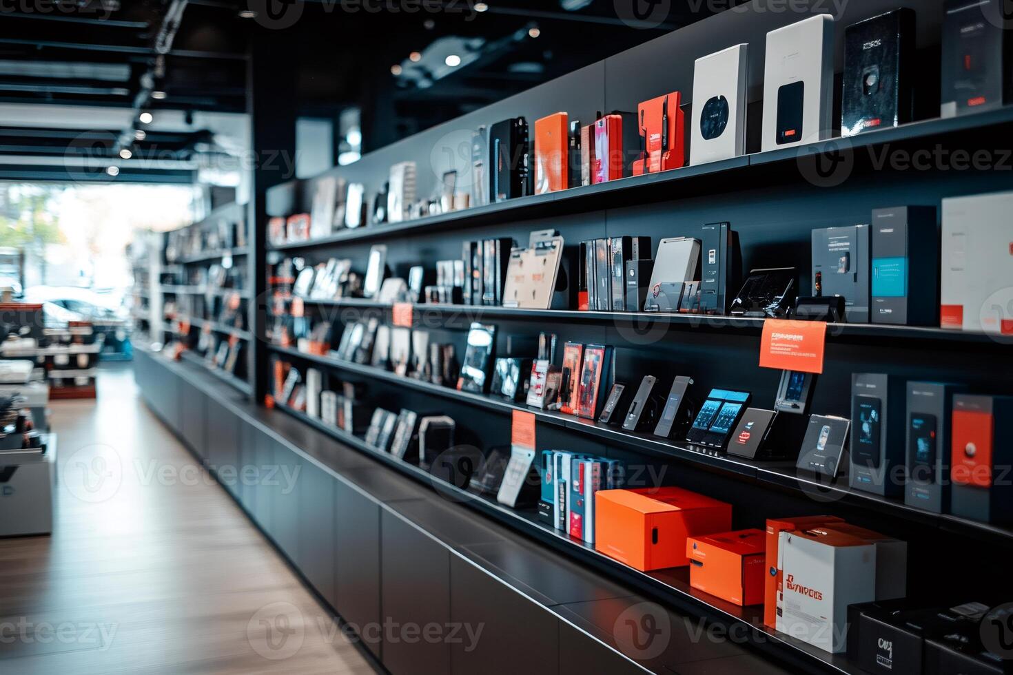 Wide selection of electronics products displayed on shelves in a contemporary retail environment photo