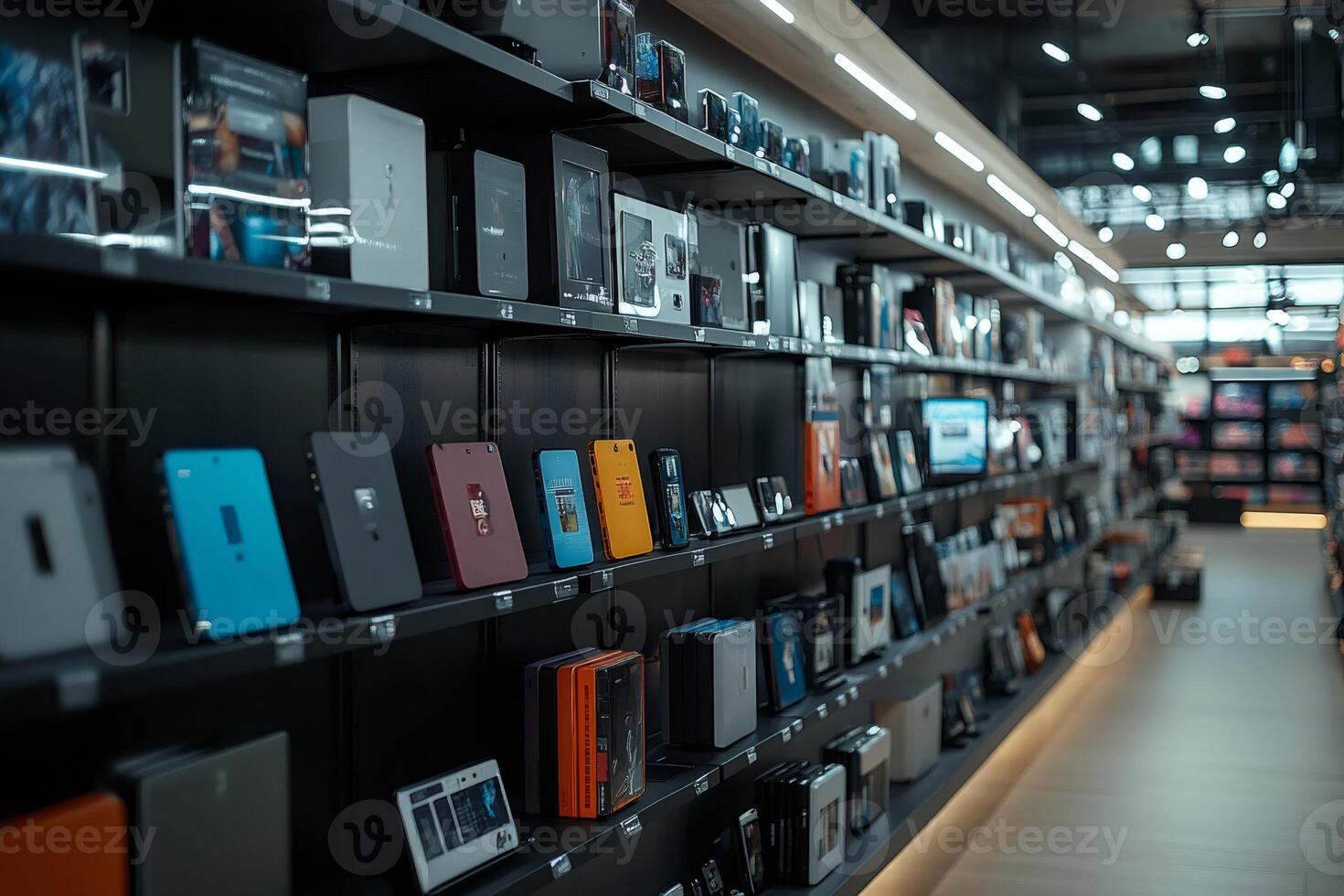 Modern electronics store showing various devices and accessories on shelves photo