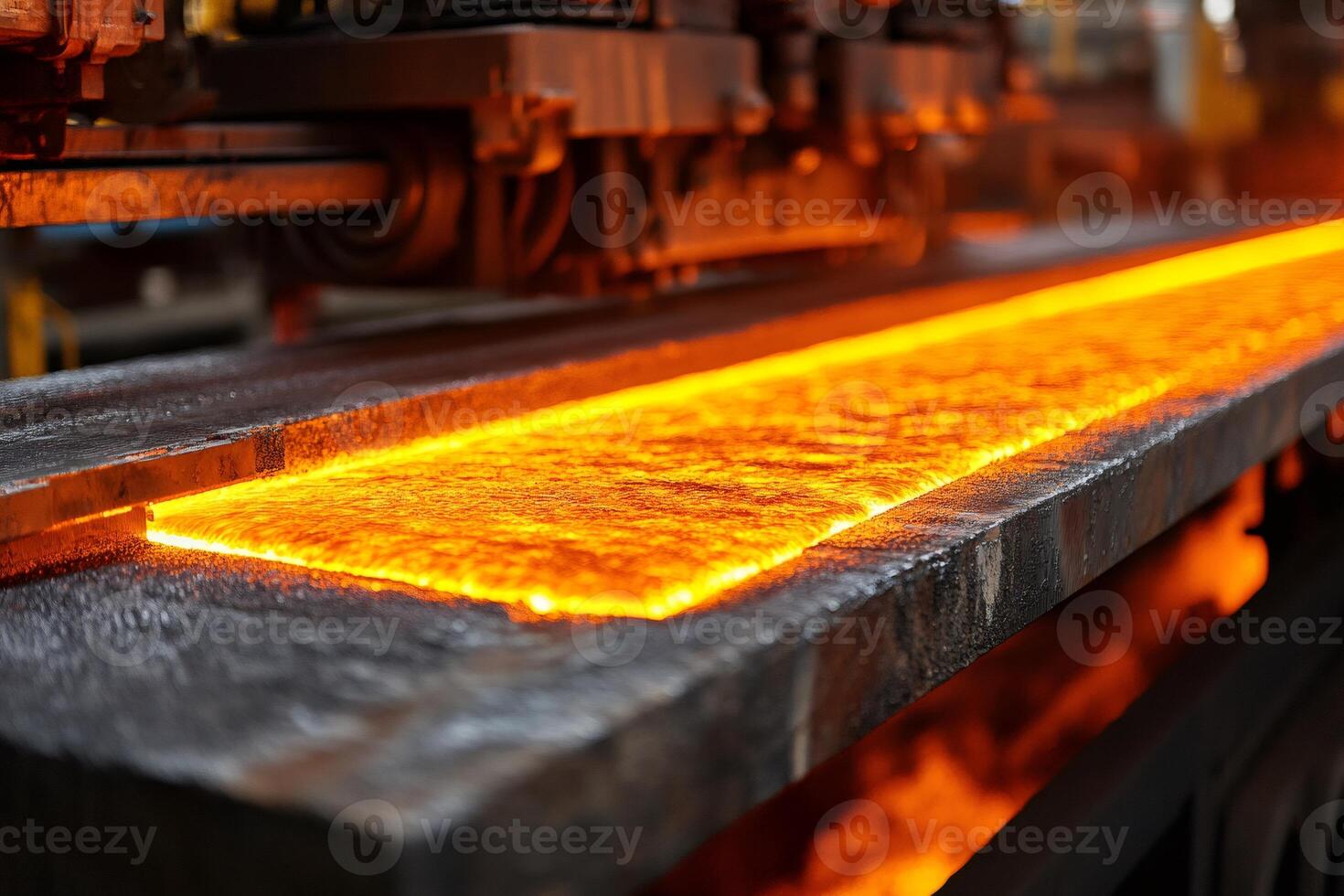 Hot slab of steel exiting the furnace in a steel mill, industrial manufacturing process photo