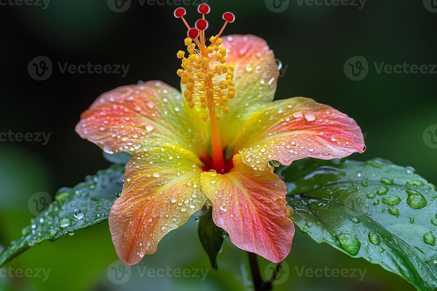 Colorful hibiscus flower blooming after tropical rain photo