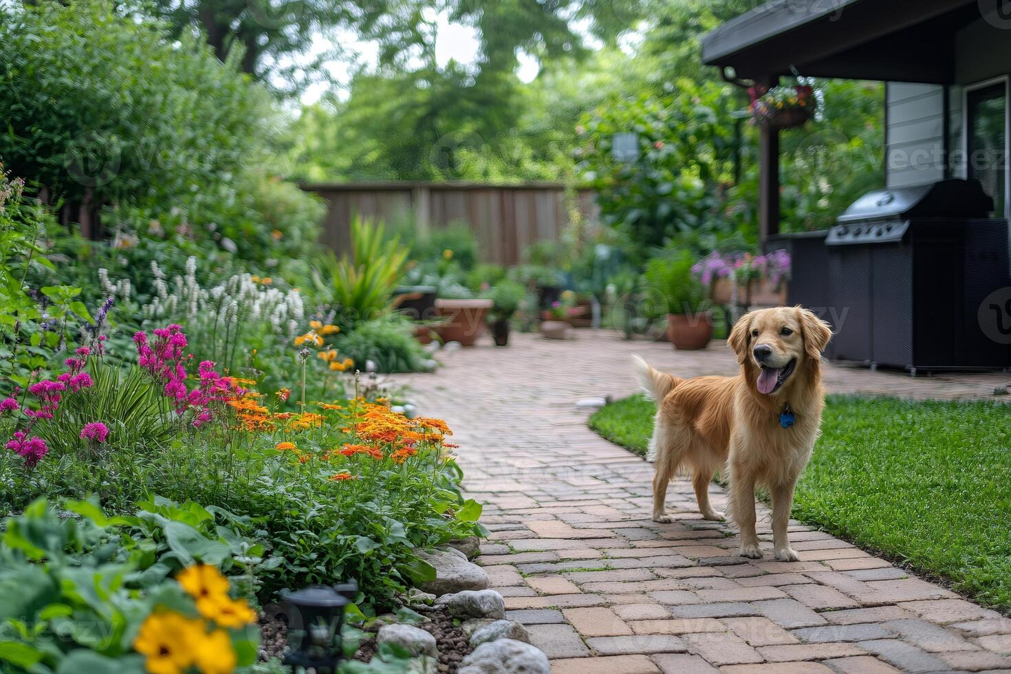 Golden retriever enjoying backyard garden walkway photo