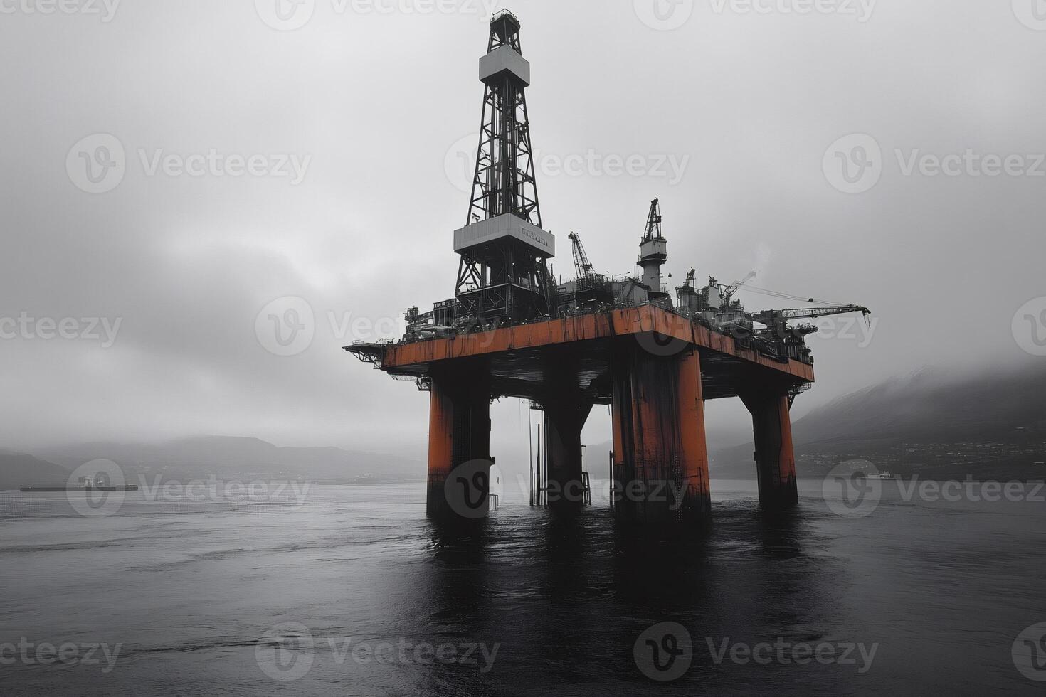 Offshore oil rig extracting petroleum on a cloudy day photo