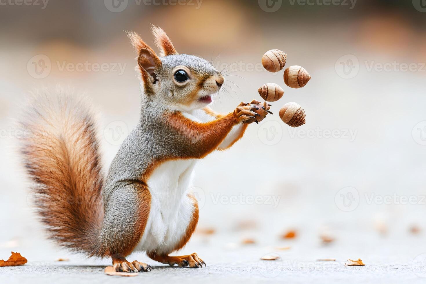 Squirrel juggling acorns in autumn playful rodent skillfully tossing nuts photo