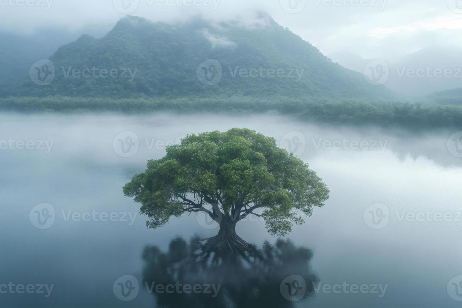 Lonely tree growing in water with misty background and mountain landscape photo