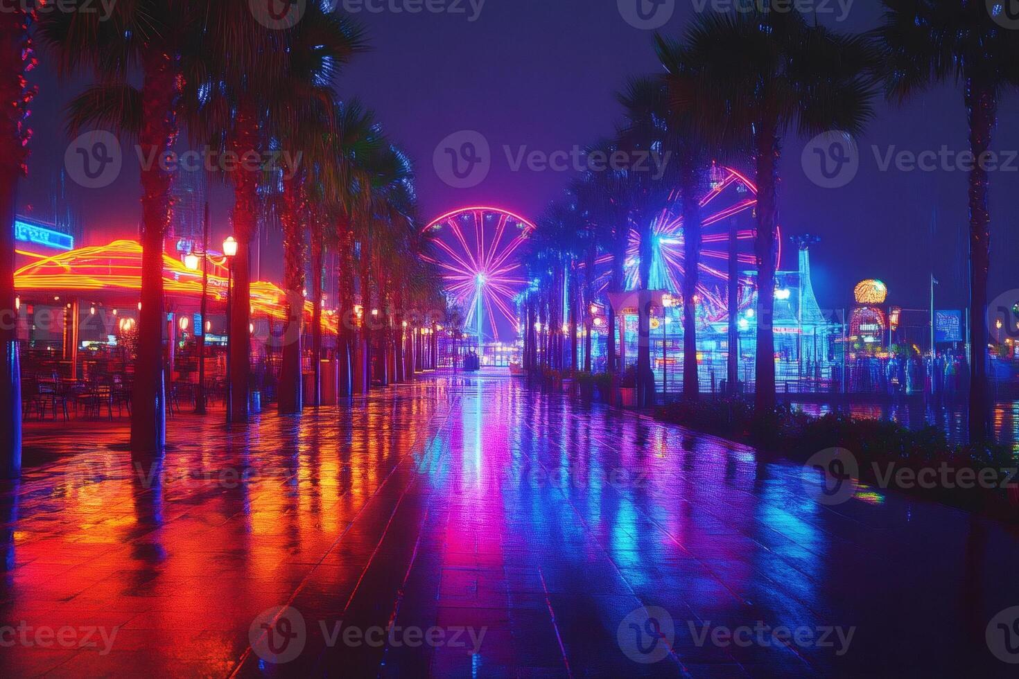 Ferris wheels reflecting on wet pavement at night in amusement park photo