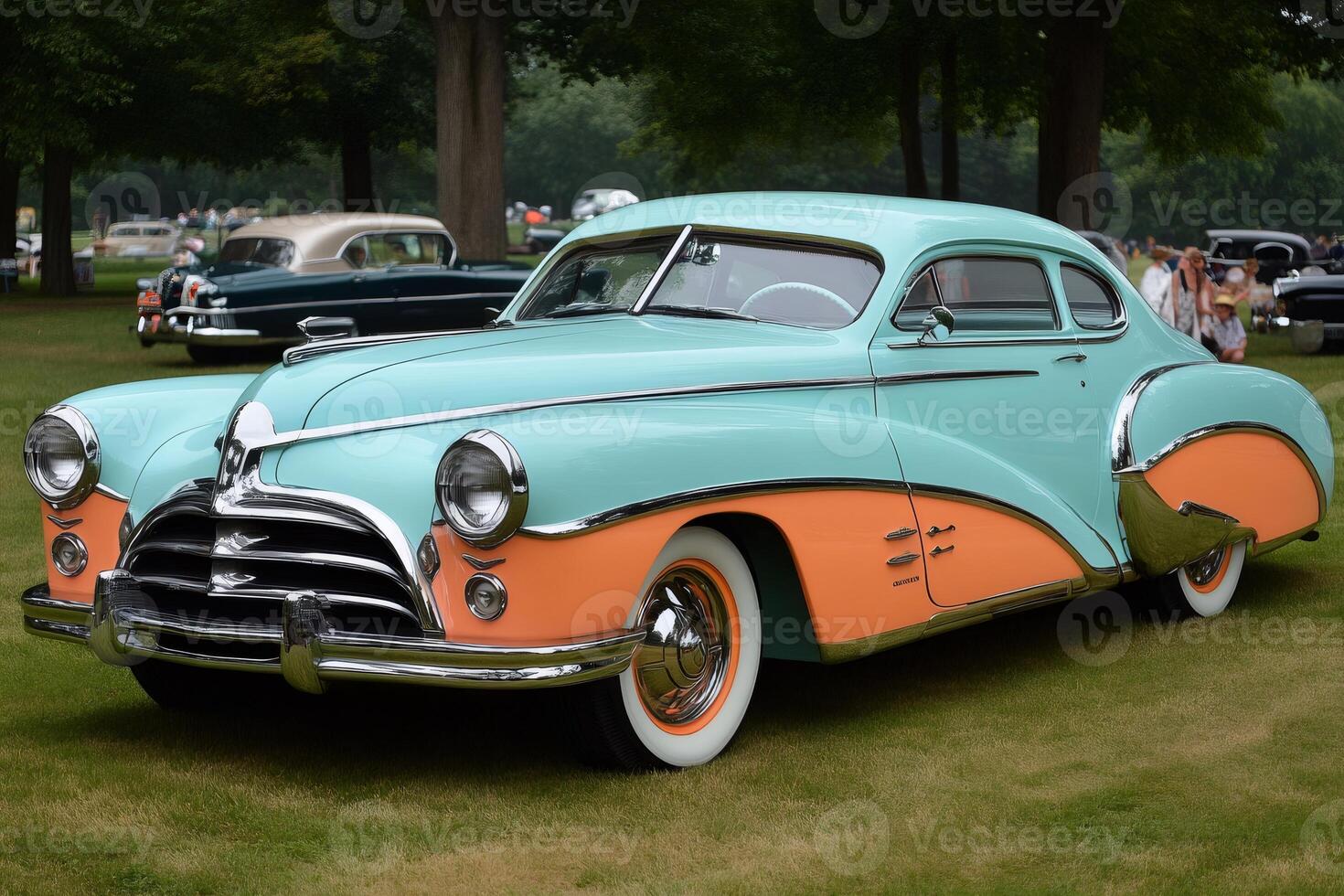 Restored frazer vagabond showing its two-tone paint job at a car show photo
